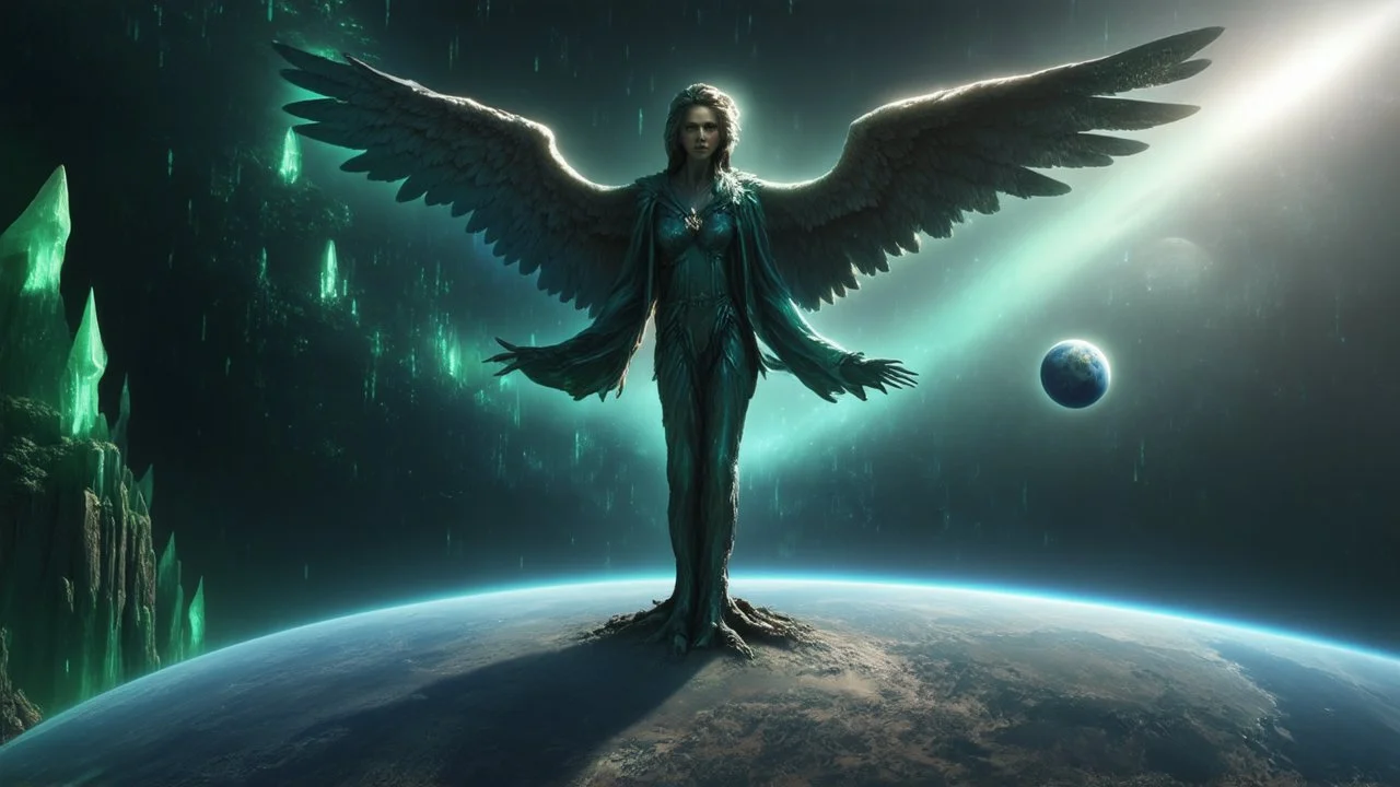 matrix universe, space, planets, god creation, angels from other dimensions with beautiful wings, trees on the planet, behind green crystals of light, few tiberium monolith deposits on the planet near tree,