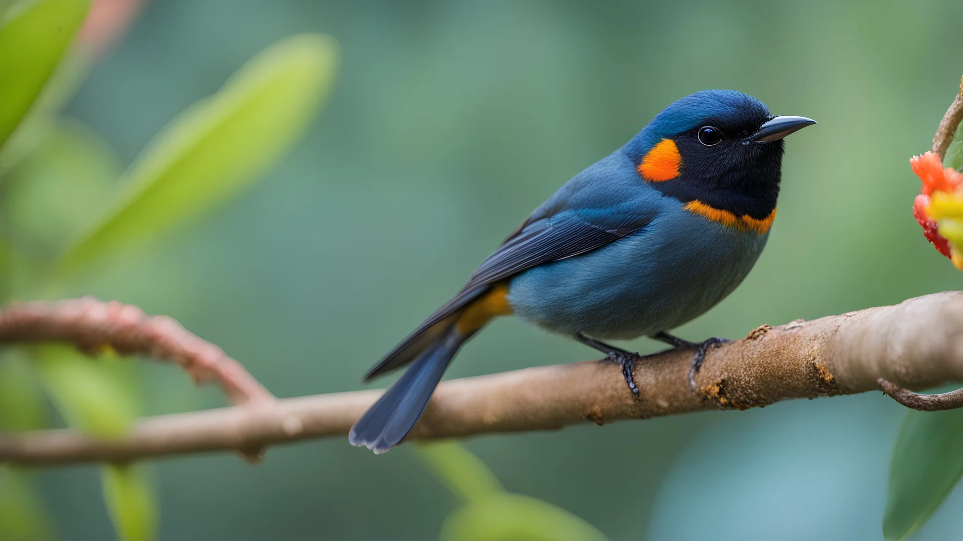 Closeup shot of a masked flowerpiercer perched on a tree branch