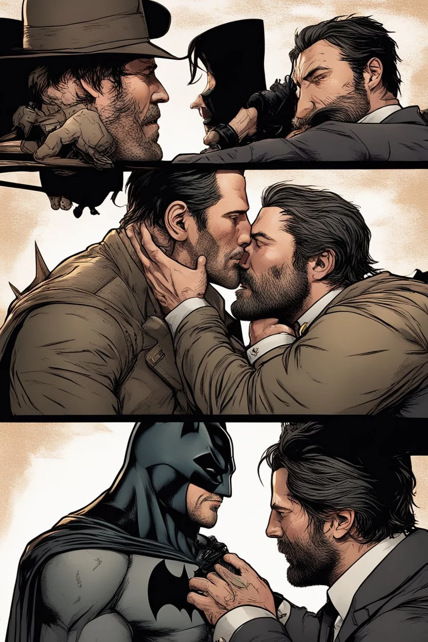 Arthur Morgan kissing Batman while Ben affleck jumps onto John Wick.