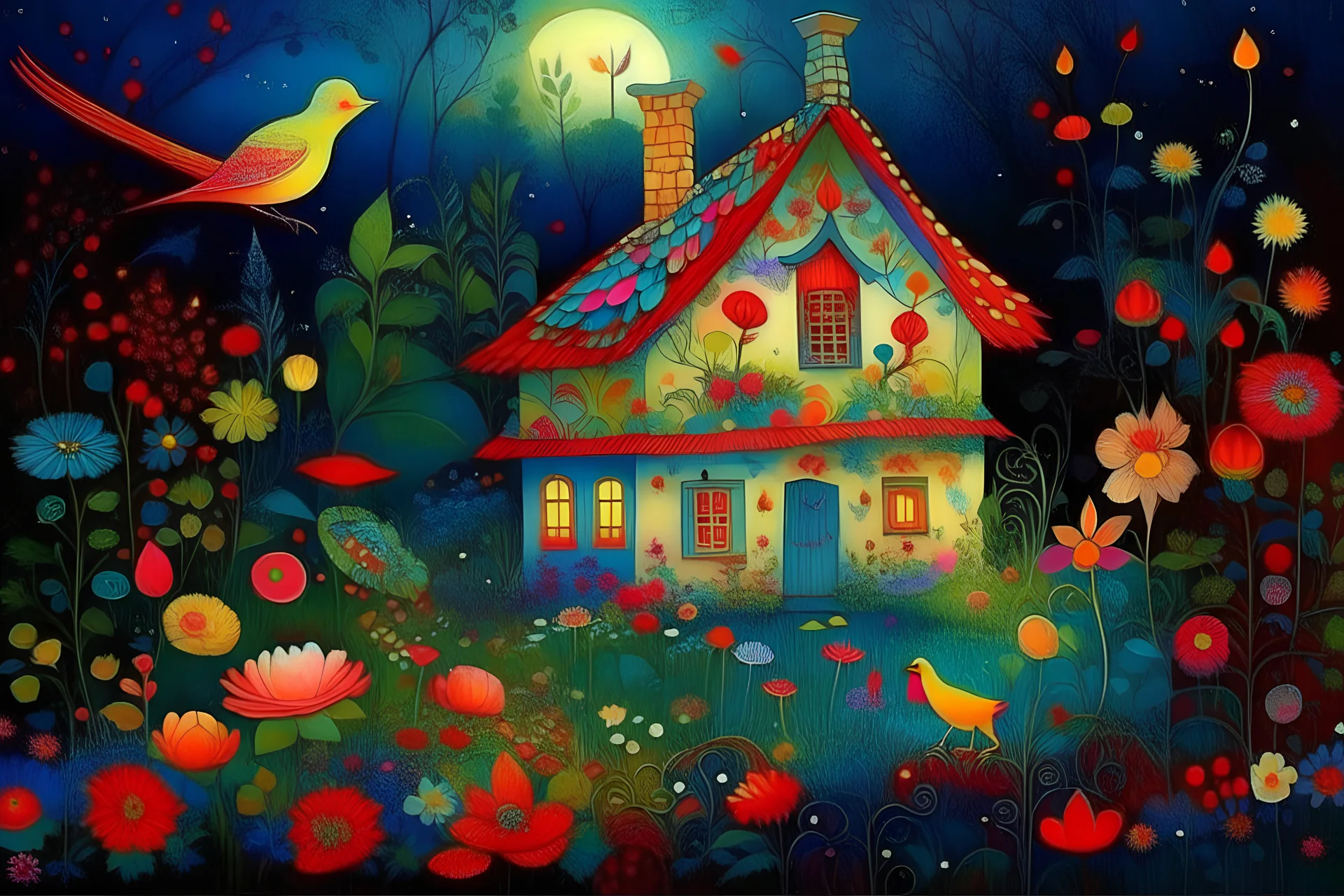A quiet, magical country. It's raining a little, beautiful birds are flying. Many fabulously beautiful flowers are fragrant and glowing. Beautiful tiny houses of fabulous creatures, they hide in the foliage. Megarealistic, bright colors, dot drawing, stardust. Catherine Welz Stein, Dmitry Vishnevsky