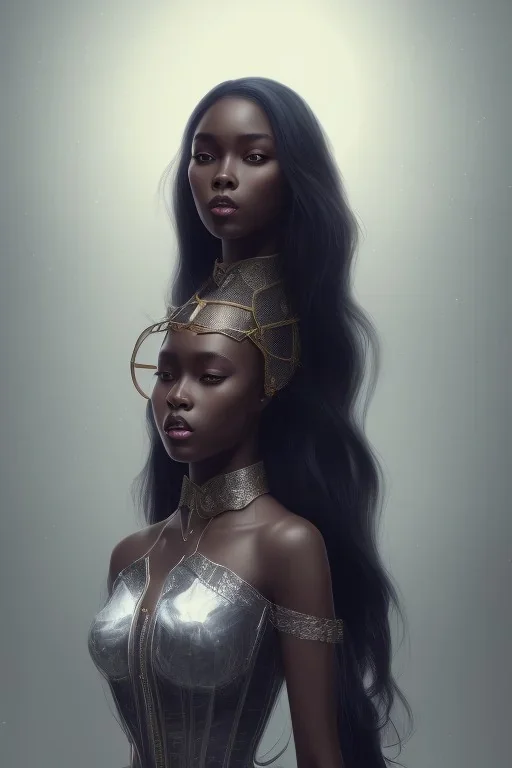 A portrait of a beautiful youthful black woman, wearing a black corset, long black hair, wizard, magical, ethereal, Warm bright lighting. Concept art by wlop. Ultra quality 8k.