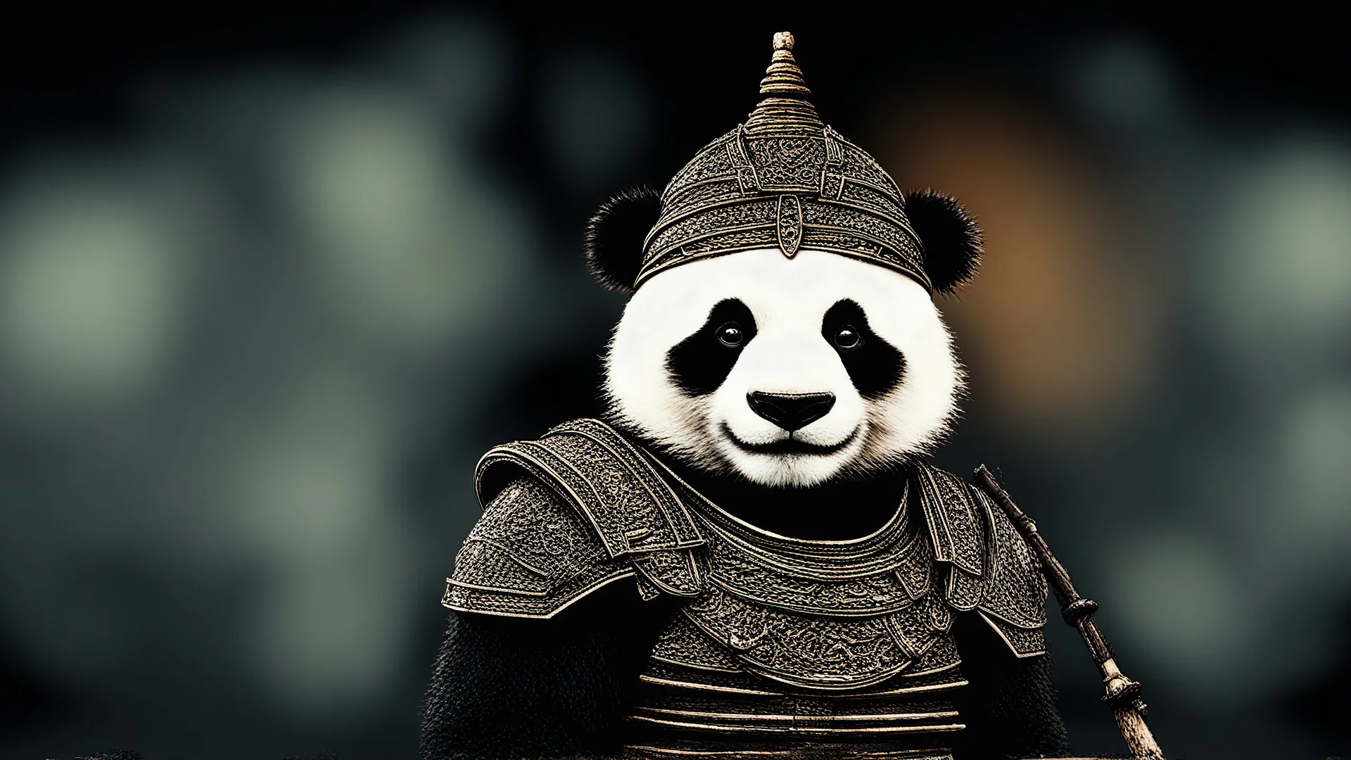 smiling warrior panda with dark background