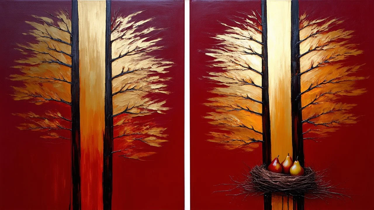 Diptych painting, two vertical panels, rich crimson red background. Abstract landscape, divided into sections with muted gold/tan elements. Vertical, dark, stylized tree forms dominate each panel, with varied brushstrokes creating texture. Small, realistic pears are placed on the lower right panel. One panel includes an abstract bird’s nest, a central light ochre area. Faint shapes resembling silhouettes of hills or mountains are seen in two upper sections. Soft, diffused light suggests a contem