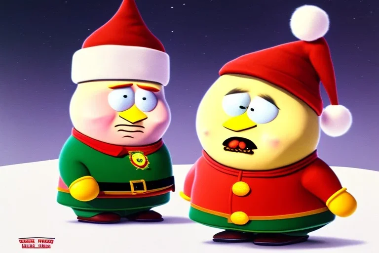 cartman wearing a Christmas hat . 1960's photo real