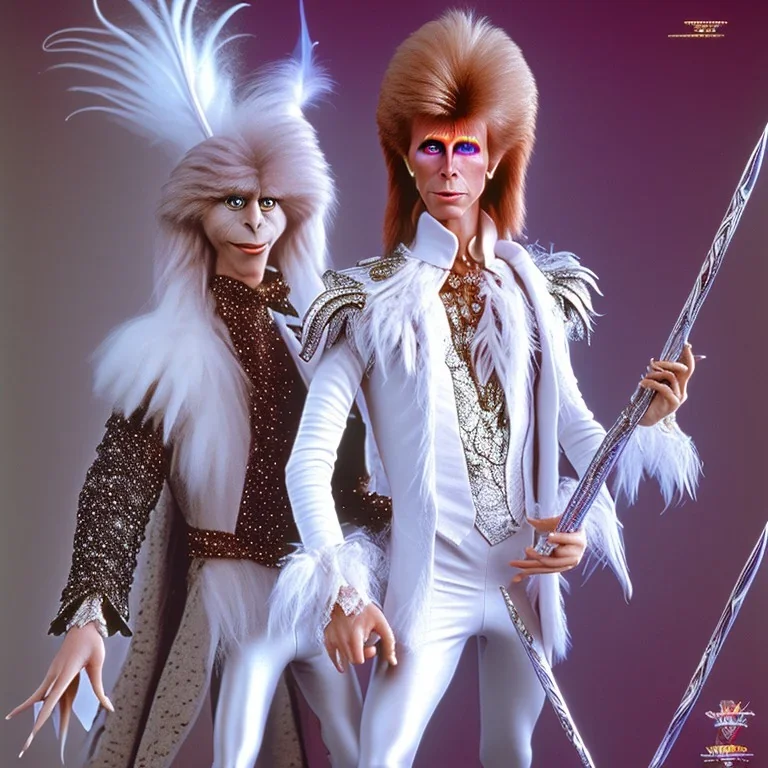 david bowie, white owl feather fancy clothes, Jim Henson's The Labyrinth, Jareth the goblin king, crystal ball in hand, wearing spandex grey leggings with a crotch bulge