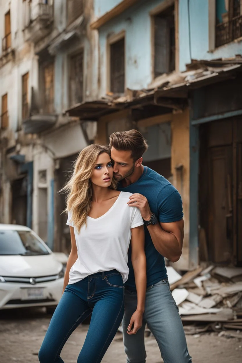 very beautiful man, late 20s, piercing blue eyes, wearing a white T-shirt tucked into jeans, looking panicked, shielding girlfriend during an earthquake