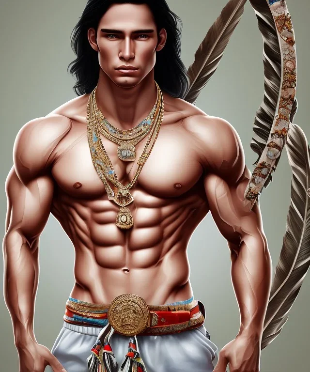 native american warrior, long black hair, big muscles, magic crystal neckless , shirtless