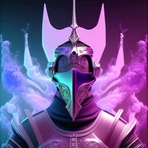 full body medieval purple masked villain in galaxy, teal and purple smoke, detailed, realistic, 4k