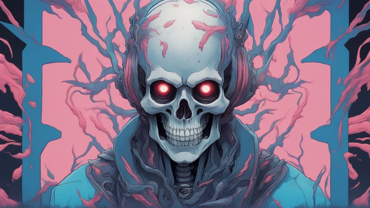 a close up of a person with a skull on their head, blue and black colors, anime skull portrait man, scary detailed art in color, hiroyuki-mitsume takahashi, nychos art aesthetic, half man half skeleton, anime cyberpunk art, colored manga art, rossdraws pastel vibrant, hot colors. insanely detailed, beautiful anime portrait, stunning anime face portrait, scary art in color