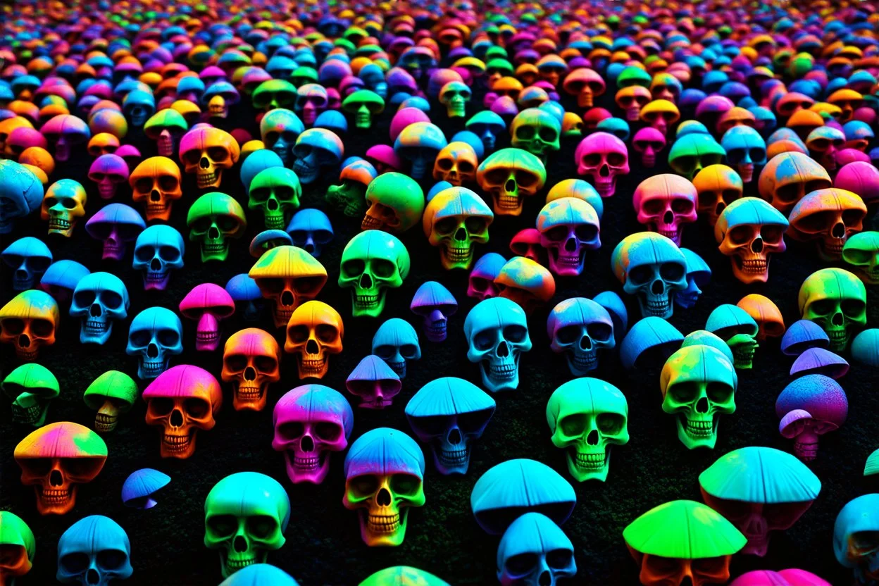 a field of 1000s of psychedelic psilocybin induced anatomically correct, skulls, vivid RANDOM BRIGHT neon colors, dark comedy, well lit, high detail, photorealistic, horrorcore, fun, scary, none featured, each a different color or hue,
