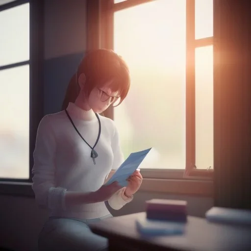 female student studying by the window, anime style, unreal engine 5, sun light, studio lighting --ar 1:1