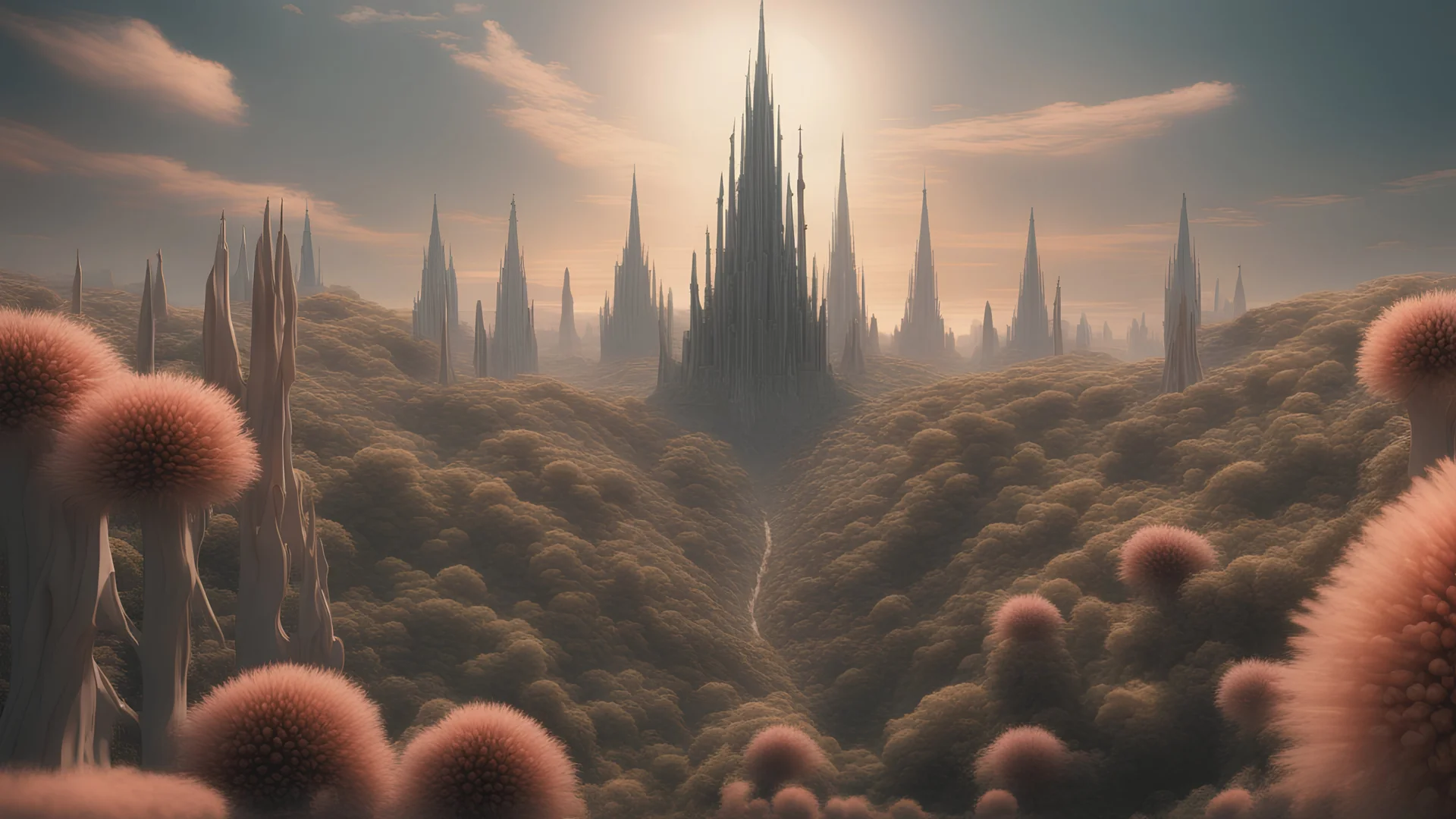 4k, Photorealism, hyper realistic, Stretching as far as the eye can see, a mesmerizing techno-organic landscape unfolds. Towering terraforming spires, crowned with intricate arrays, punctuate the horizon. Pulsating with a gentle luminescence, these towers channel energy into the very earth, causing flora and fauna to intertwine with gleaming biomechanical tendrils. Amidst this symphony of nature and technology, a harmonious ecosystem thrives, where the boundary between the organic and synthetic