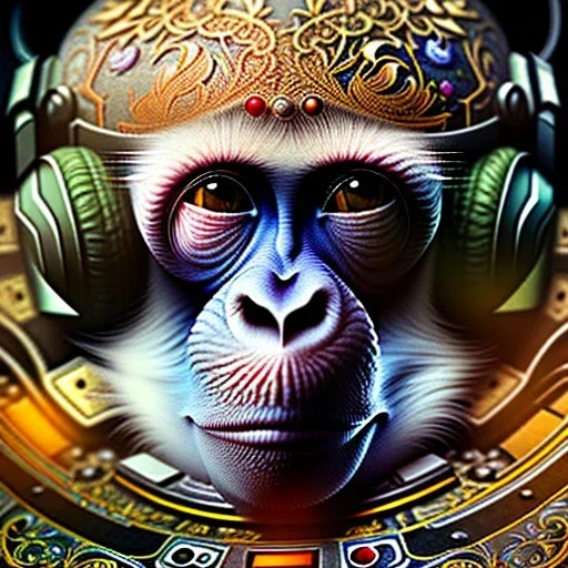 An ultra hd detailed painting of monky chilling out by android jones, earnst haeckel, james jean. behance contest winner, generative art, baroque, intricate patterns, fractalism, movie still, photorealistic