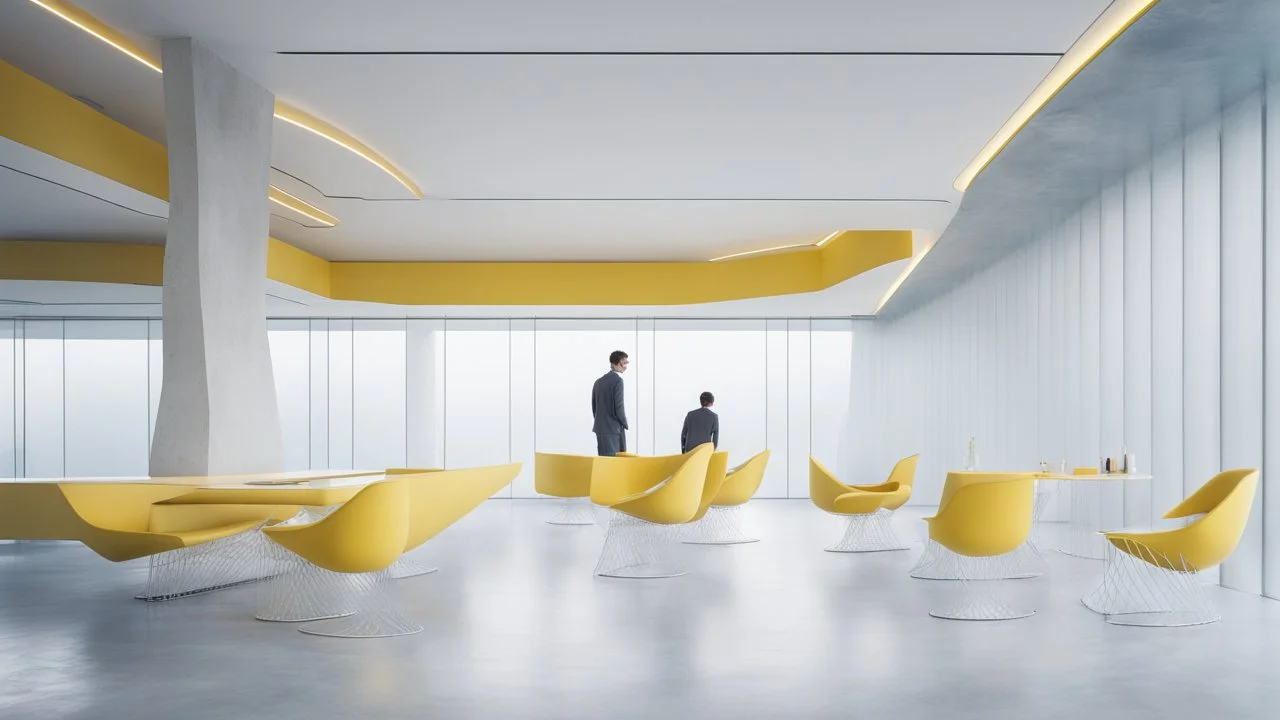 Futuristic interior space with sleek stainless steel mesh and white concrete inclined walls, blue floors, figure seated on vibrant yellow chairs