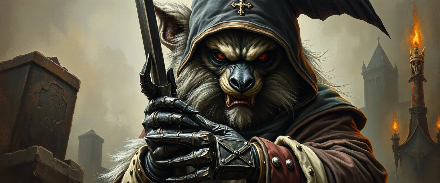 master oil painting with some air brush, fluffy human thief hyena merchant sailor priest realistic and creepy, with gauntlets , straight from the lich lab, in the style of Escher and Titian