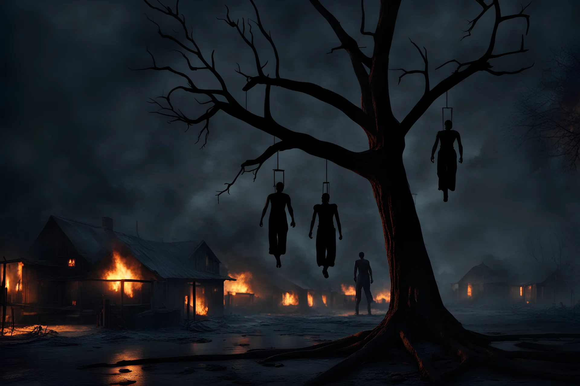 photorealistic, vintage era, violent, black people brutally lynched and hanged, killed by neck on hangers, obscured, burning village, hangman, night, photorealistic silhoutte