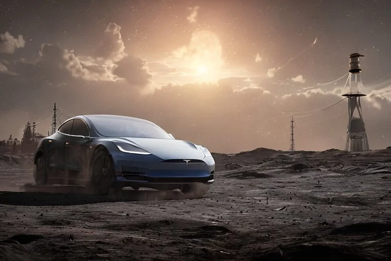 A Tesla 'Model Y' is racing at top speed, at the lunar landing site of the 'Apollo 11'. (CINEMATIC, WIDE ANGLE LENS, PHOTO REAL)