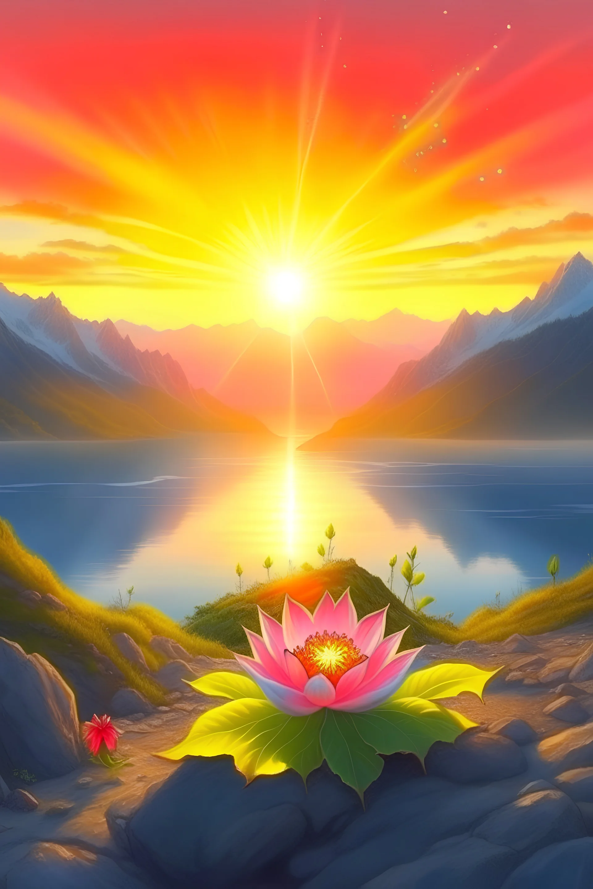 Water, air, little light fire on earth, Real swiss mountain, ocean landscape, heart lotus, Joy happiness, hyper real, sunrise, star, light color