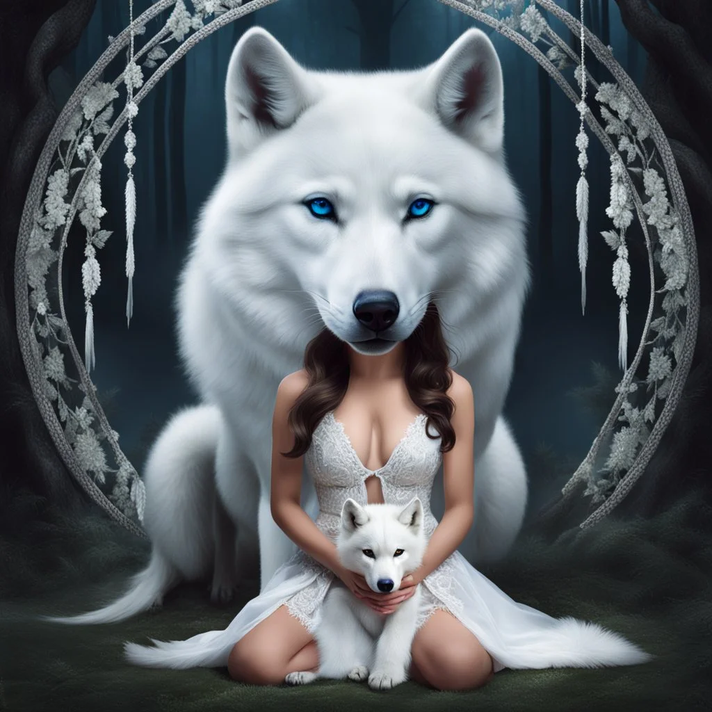 Beautiful young girl kneeling next to a white wolf