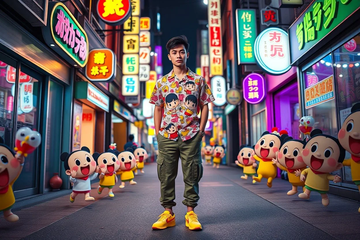 A cinematic and playful night-time street scene inspired by Japanese anime aesthetics. A stylish young man stands confidently in the middle of a neon-lit alley filled with colorful glowing signs in Japanese. He wears a vibrant cartoon-patterned shirt featuring Crayon Shinchan prints, olive cargo pants, and neon sneakers. Surrounding him are multiple 3D cartoon versions of Shinchan and his friends, interacting playfully — some jumping in the air, others holding candy and toys. The atmosphere is f