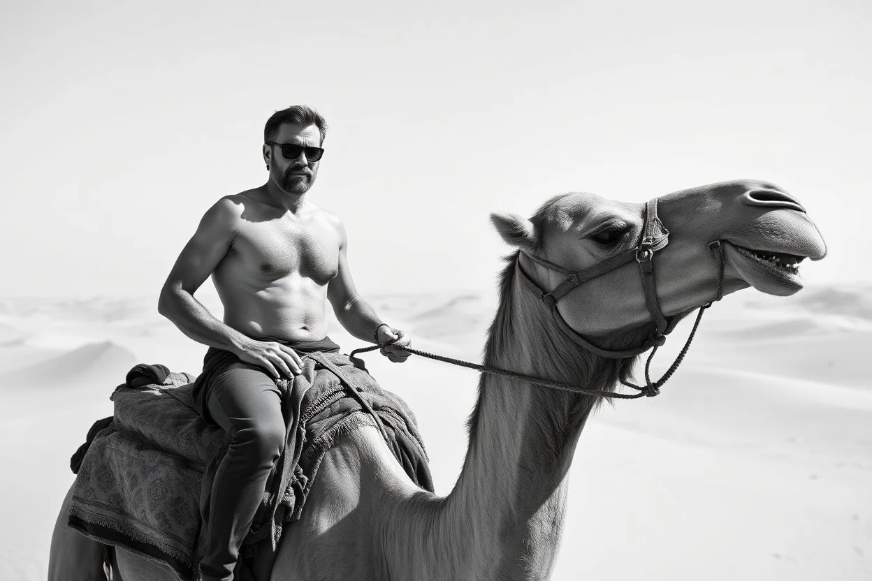 man looking like Walter White, with bare chest riding on a camel in sahara in desert, panorama, black and white photo