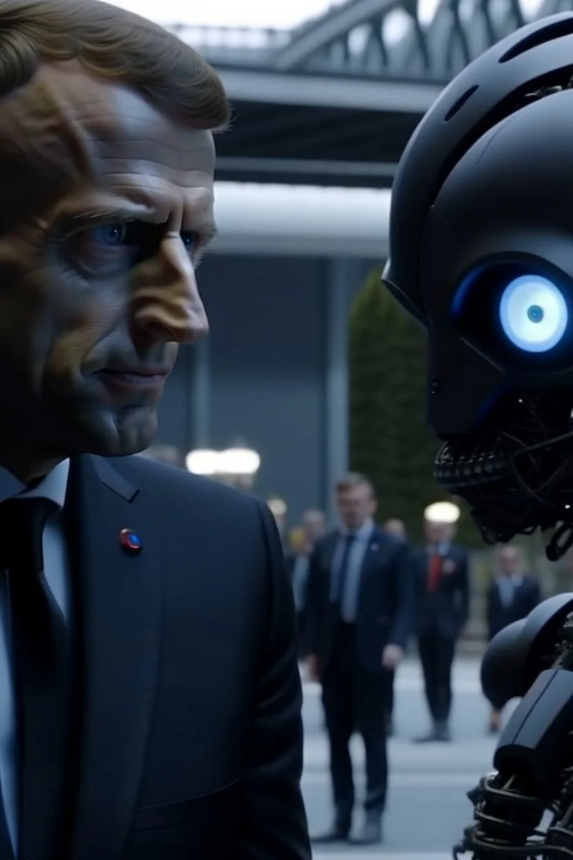 4k full details, full realism. EMMANUEL MACRON EN ROBOT TERMINATOR. ELYSEE EN FEU EN ARRIERE PLAN