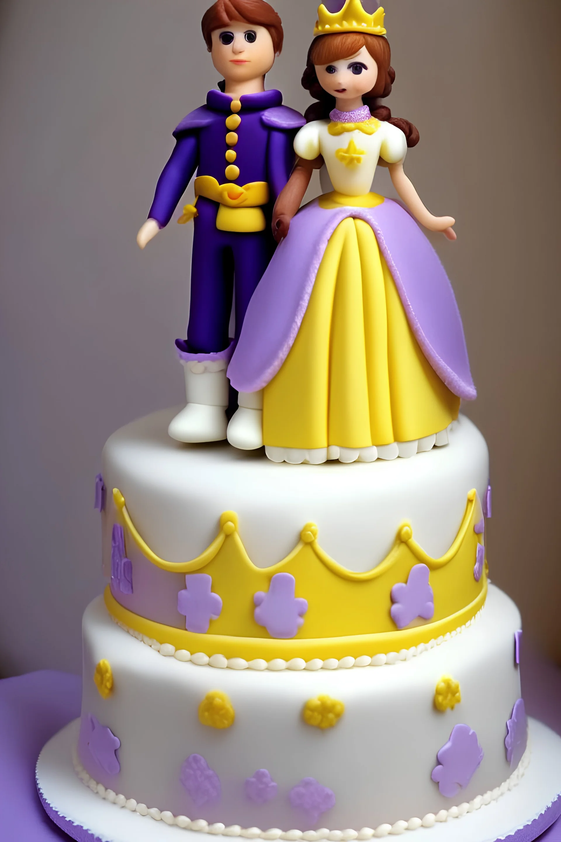 Birthday cake for two children.. The cake is white, decorated with a princess wearing a purple dress and a prince wearing a yellow shirt