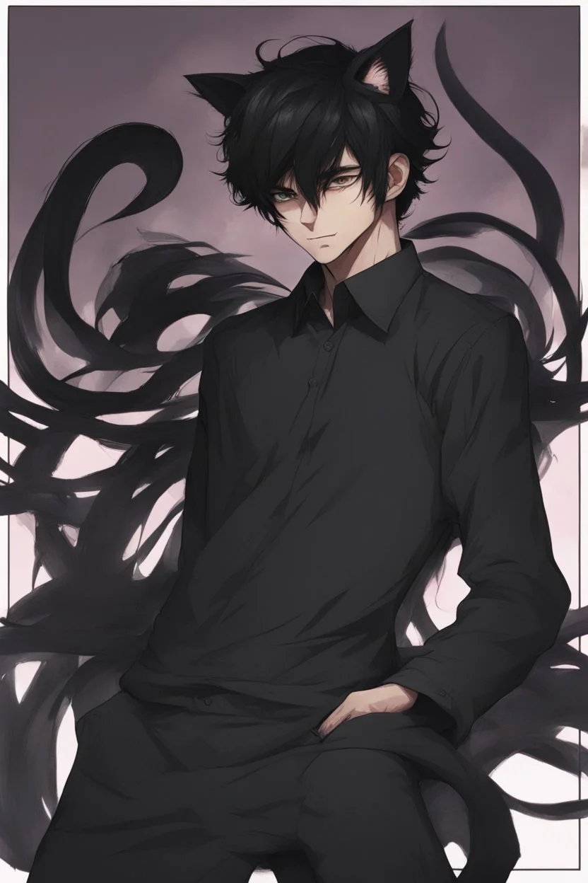 An adult man with messy black hair, large black cat ears and tail