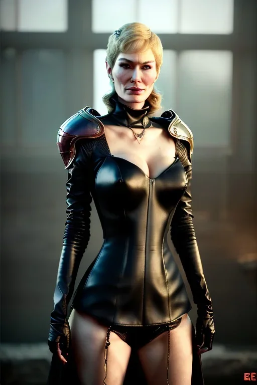 Cersei Lannister as evil dominatrix in black leather, mistress, bdsm, busty, cleavage, curvy, lena headay, angry, stern look. character design by cory loftis, fenghua zhong, ryohei hase, ismail inceoglu and ruan jia. unreal engine 5, artistic lighting, highly detailed, photorealistic, fantasy