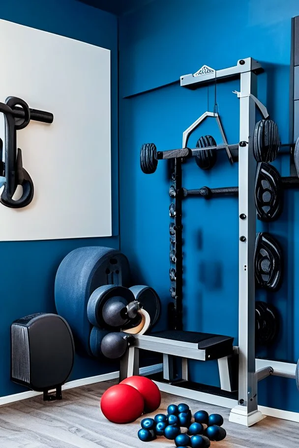 Home gym, wall with a kabinet with weights and small gym equipment.