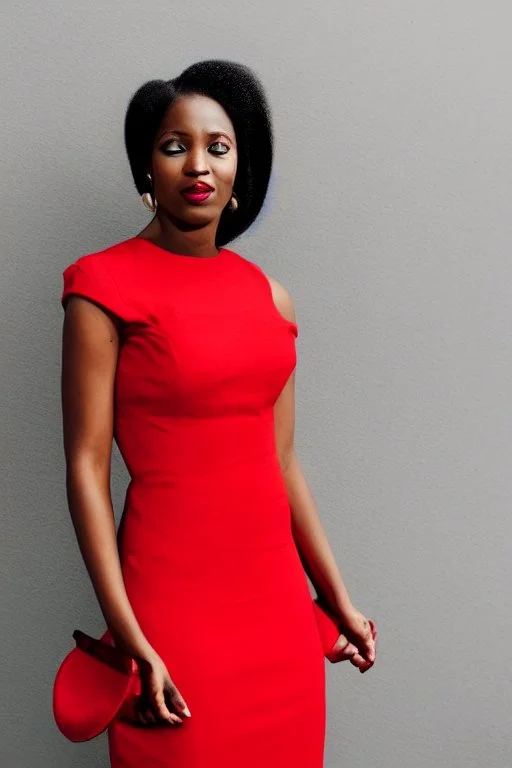 Portrait of a black woman wearing stylish red and silver dress.