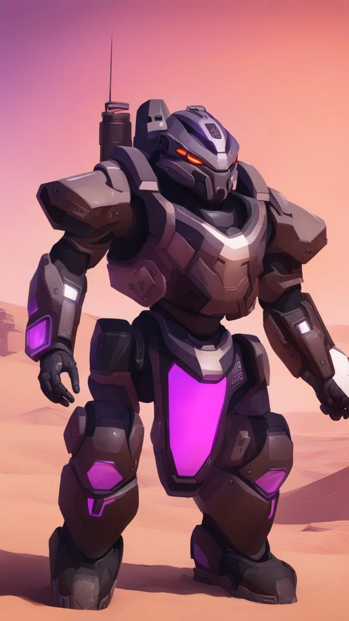 A close picture to Ramattra nemesis form as tank body with Arab rob in overwatch art style with black color and neon purple details in Desert