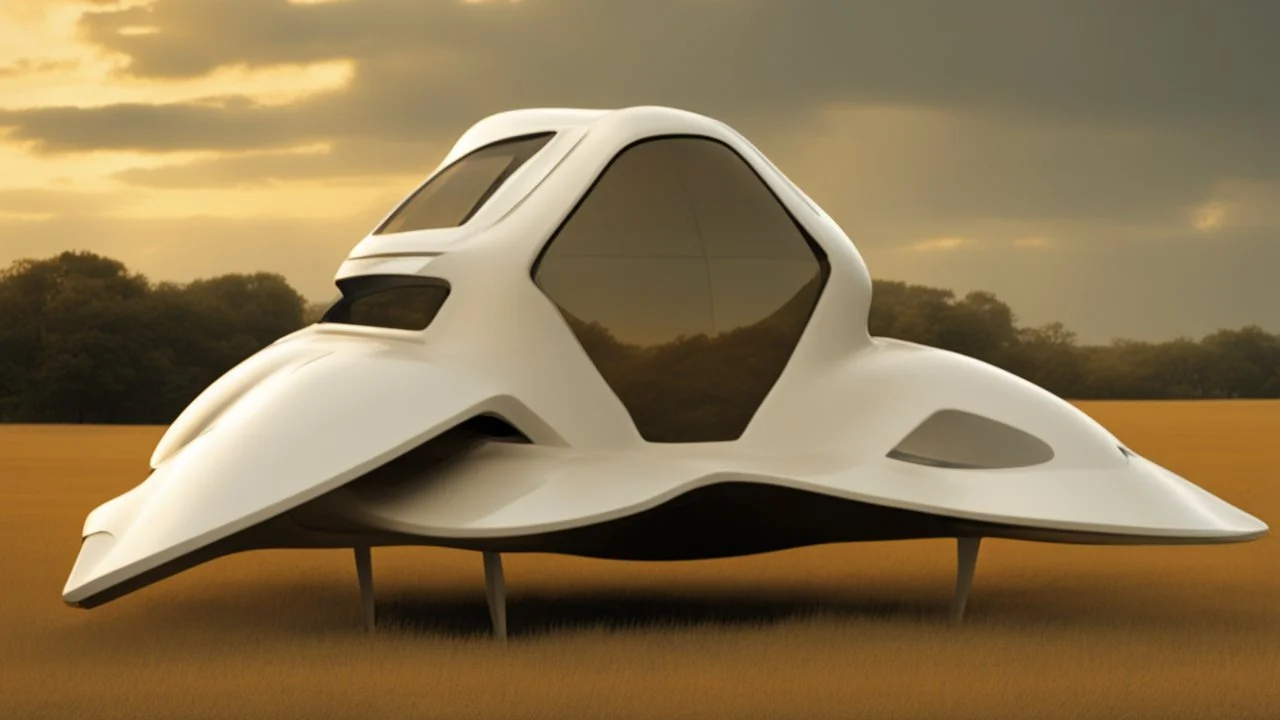 small, sleek, squat, cargo spaceship shaped like a manta ray, sitting in a field