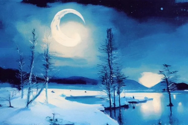 Night, Moon, distant mountains, pine trees, lagoon, lagoon reflections, winter, ice, snowy land, lesser ury and otto pippel impressionism painting