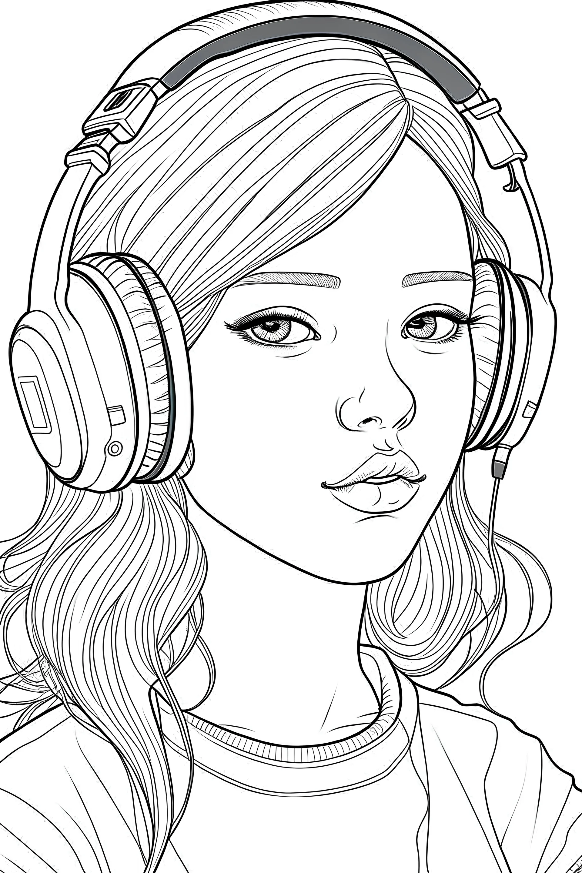 Outline art of a sweet girl with headphones