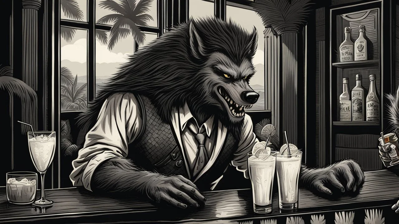 A werewolf drinking a Pina Colada at Trader Vic's. He is well dressed and his hair is combed immaculately. Illustration.