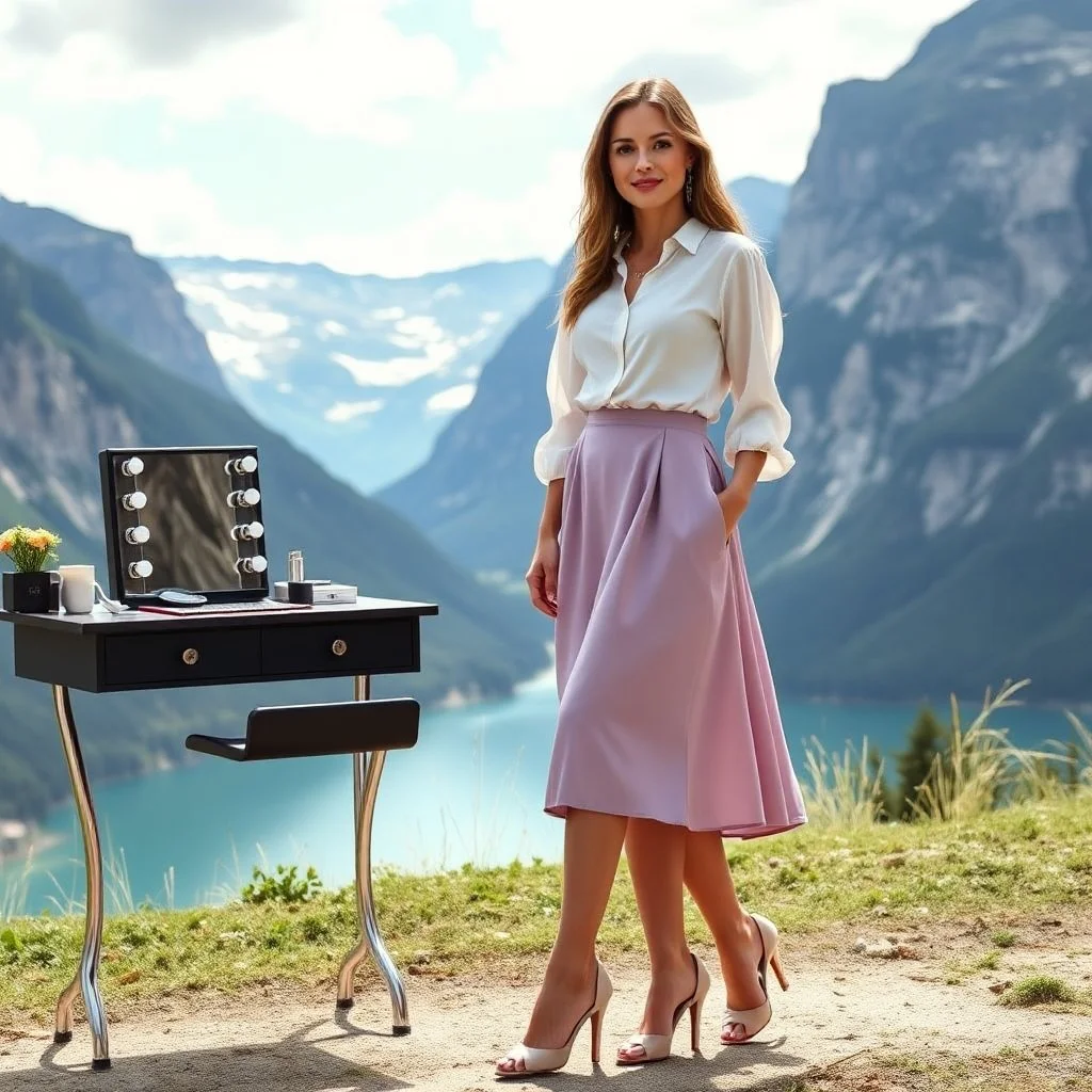very beautiful lady with beautiful midi skirt and blouse standing in Swiss country side next to pretty mountains with high heels next to makeup desk looking to camera