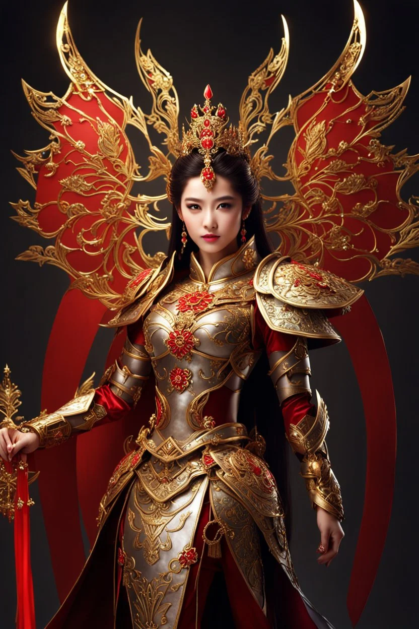 Realistic photography,front_view, Beautiful Queen fairy super model Chinese Woman, brown hair,dressing luxury party gown,looking at viewer,traditional dress ornaments mechanical armor china traditional, intricate armor, delicate golden shine bright, black metalic parts, detailed part, jewelry diamonds,dynamic pose,abstrac background, dynamic lighting, red hour, full body portrait