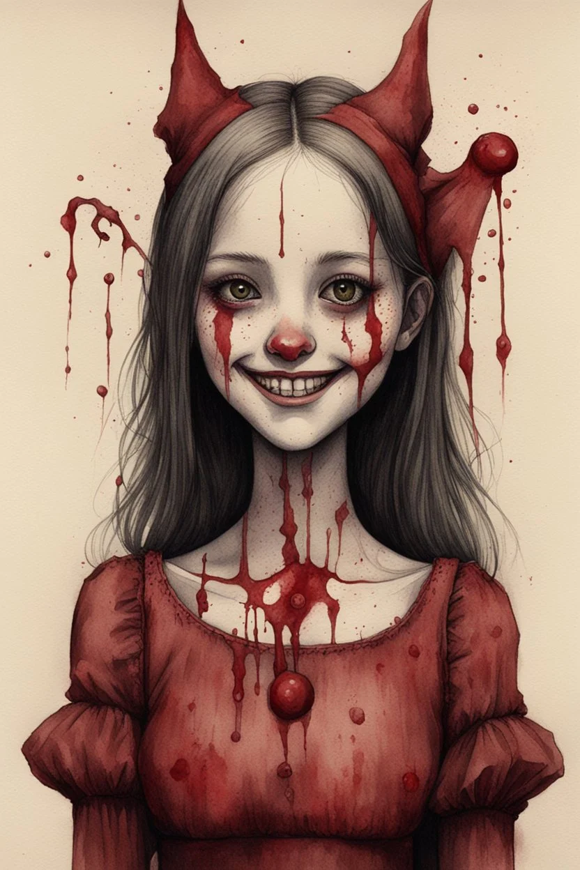 body anormal, smile blood, girl cute, watercolor illustration by <John Kenn Mortensen>, darkred tones,