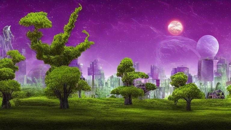 alien landscape with trees and buildings