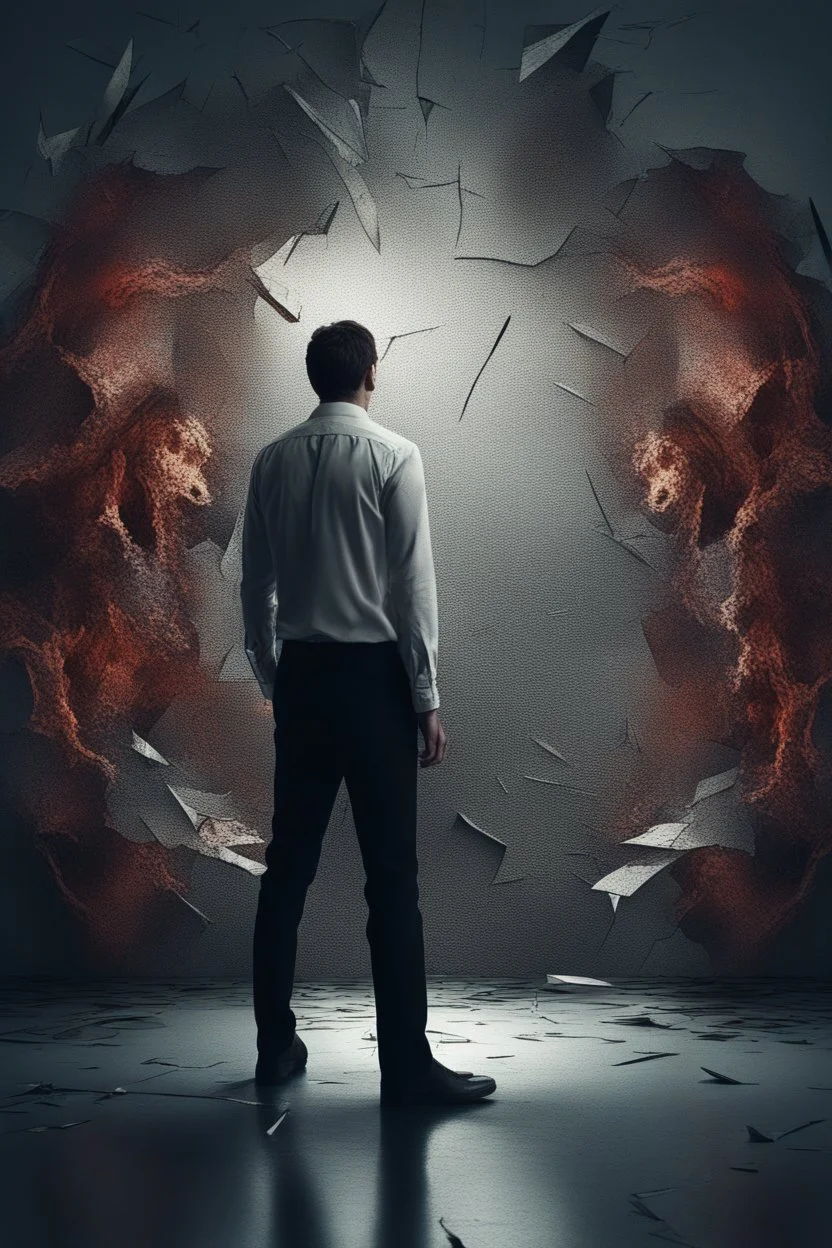 a man looking into a shattered mirror and seeing a horrifying, abstract monstrous reflection