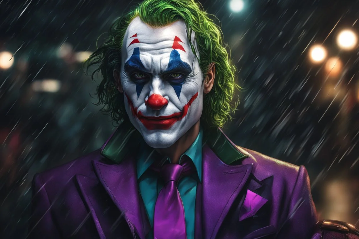 Joker in 8k realistic anime artstyle, Roger that Palestine them, neon effect, close picture, rain, fantasy world, intricate details, highly detailed, high details, detailed portrait, masterpiece,ultra detailed, ultra quality