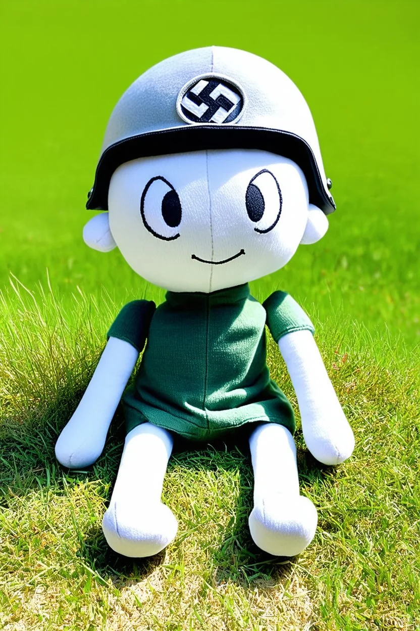 plush toy(tall and skinny, no arms, no legs, 1 eye) sitting, wearing a Nazi style helmet, small feet at front, in a field of short grass