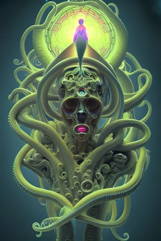 Spiritual being with Tentacles over human Head creating reality around, wrapping Spiral around Human, Psychedelic