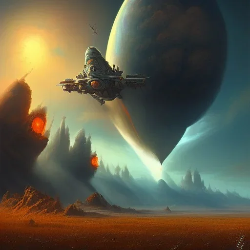 frank frazetta style, starship fall over horizon, plains in the distance