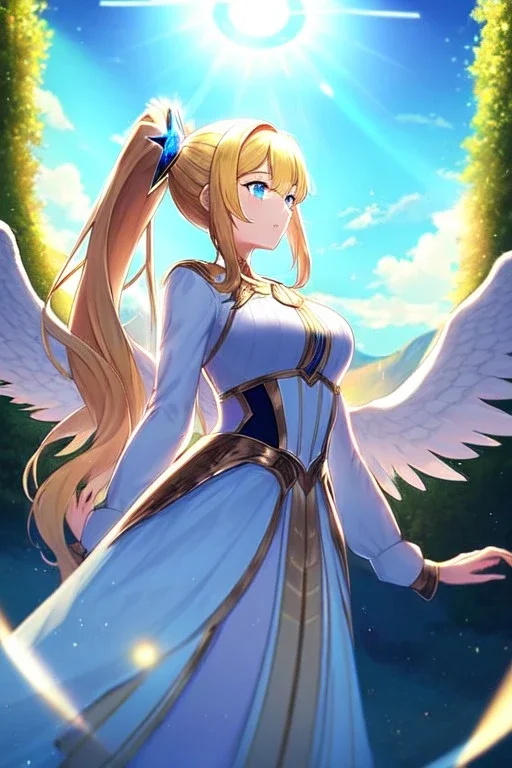 girl, masterpiece, best quality, cinematic lighting, detailed outfit, vibrant colors, perfect eyes, golden hair, long hair, ponytail, blue eyes, valkyrie, halo, white wings, landscape, sun, light rays, god rays, lens flare, looking down,