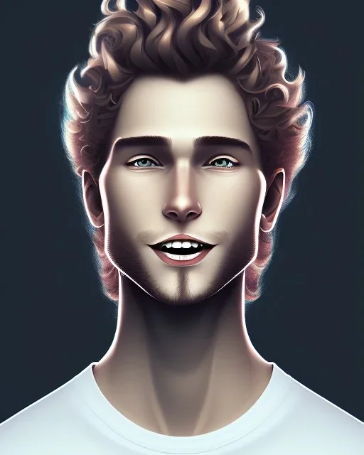 A skinny and relatively tall guy with wild curly blond hair, smiling with teeth and wearing black skinny jeans and a t-shirt. disney style