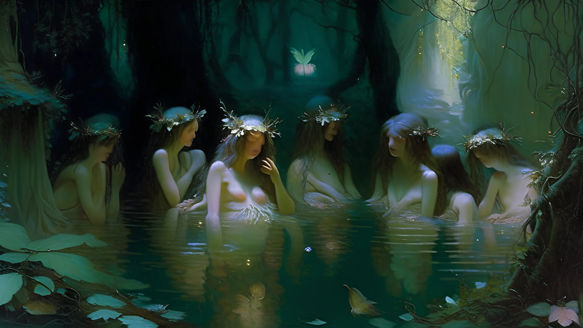 In the heart of a mystical forest, where the veil between reality and imagination is thin, lies a scene of ethereal beauty: The nymphs of the great bathers.