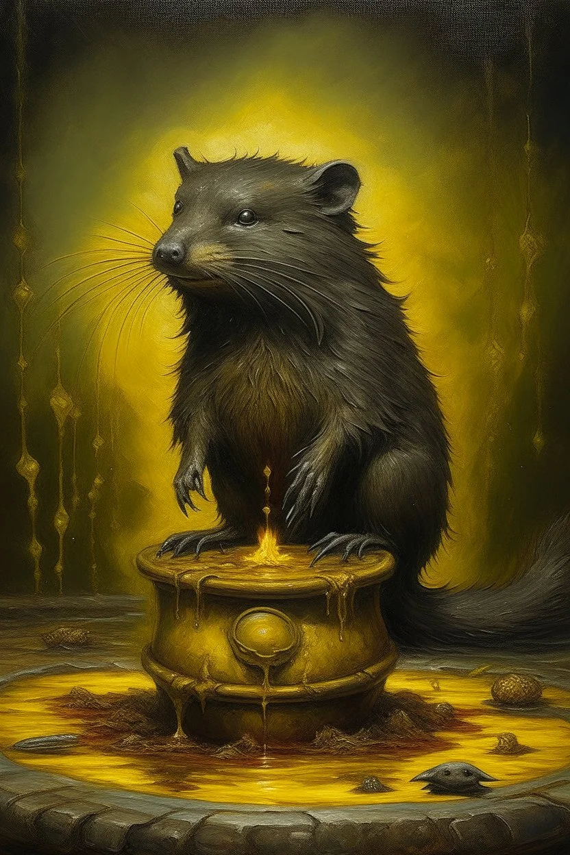 Living cauldron with yellow sigil, slightly demonic beaver oter in it, prize winning oil painting