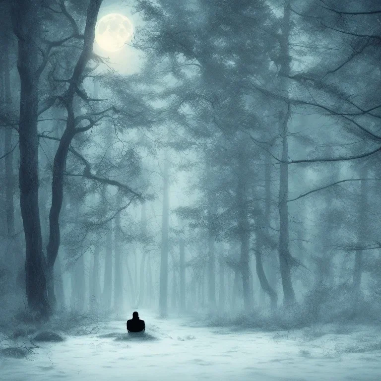 foto de costas, homem solitário na floresta, sentado no chão, noite lua cheia